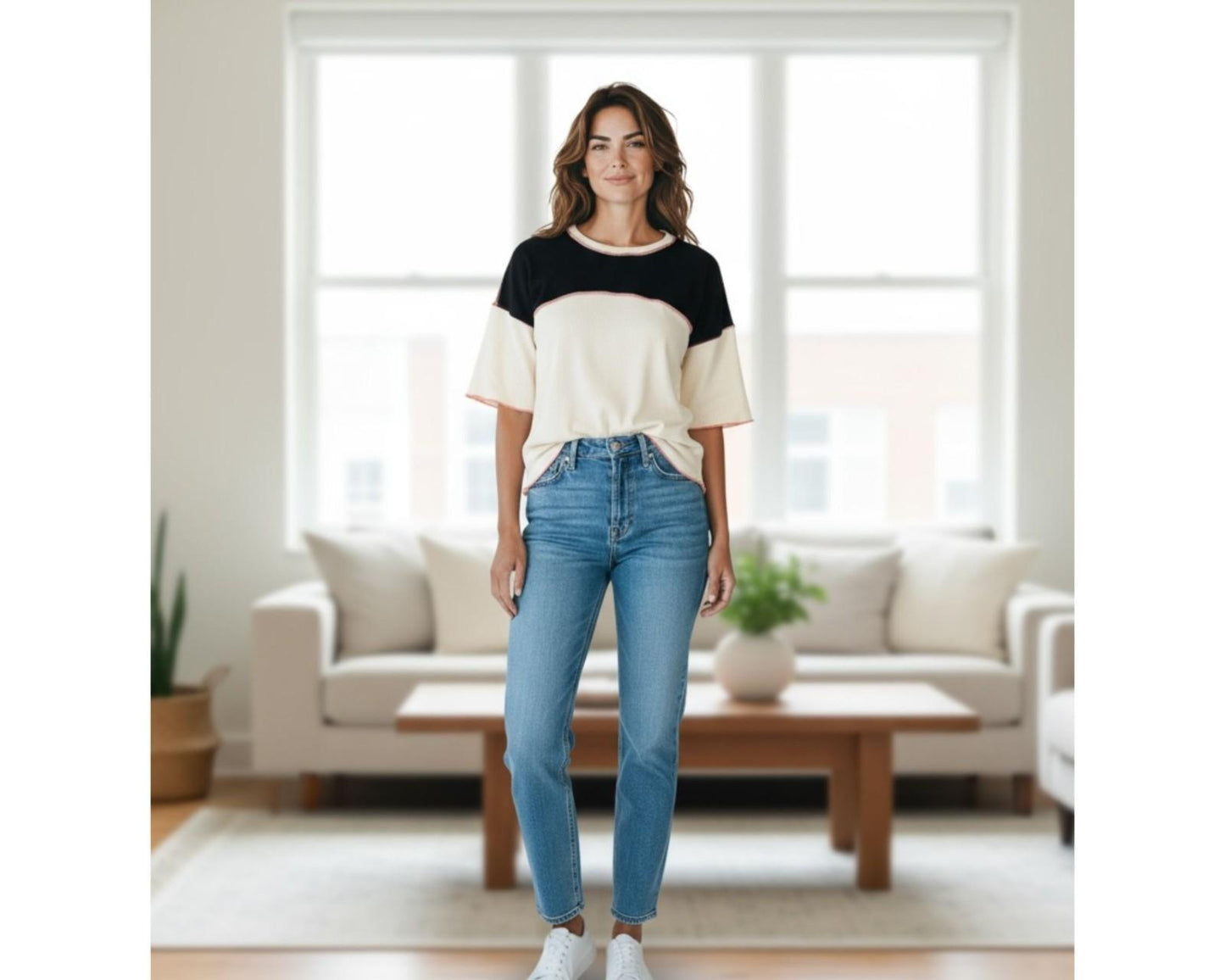 Women's Contrast Colour Block Top - Three-Quarter Sleeves, Crew Neck, Stitch Detail