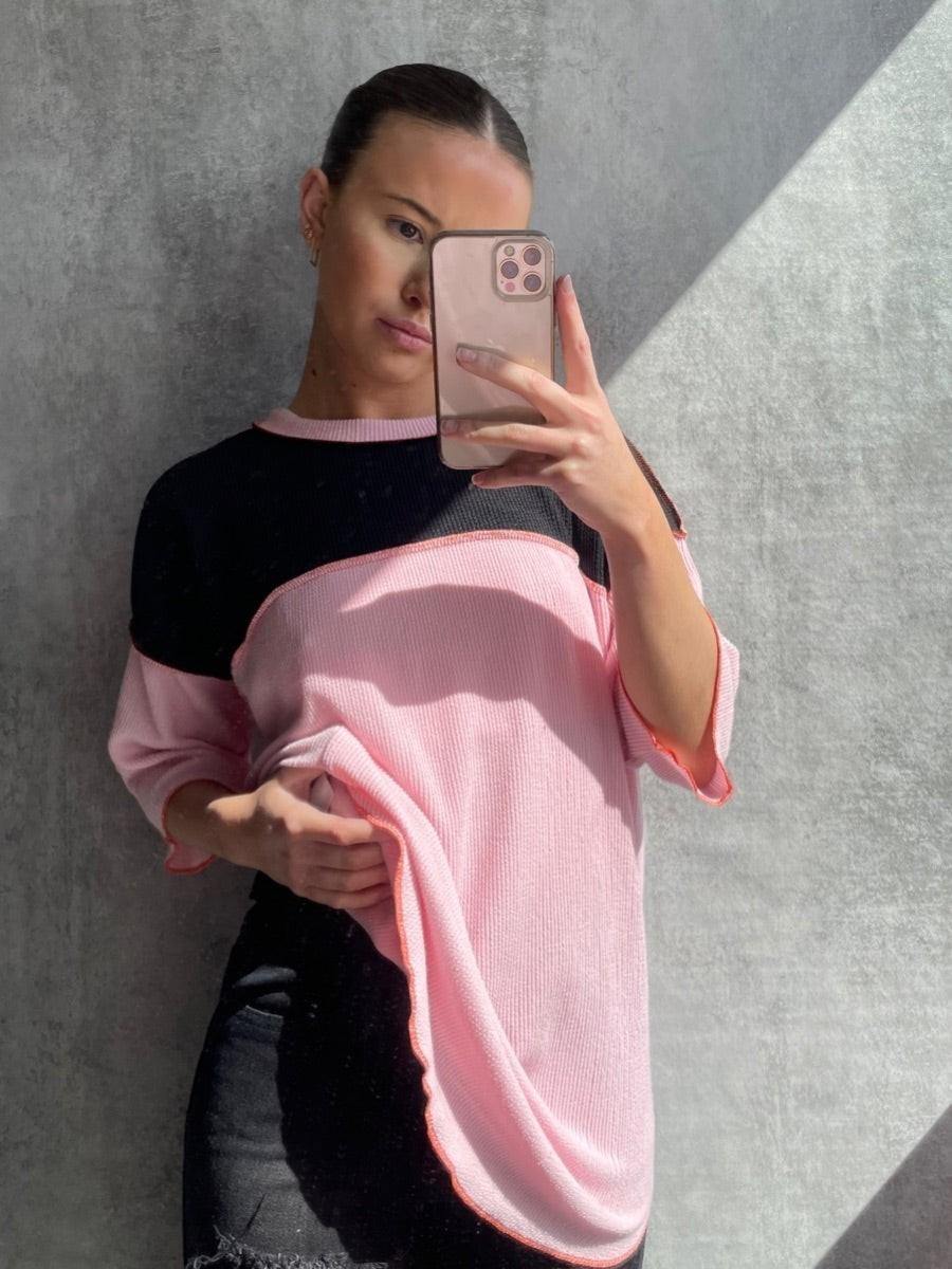 Women's Contrast Colour Block Top - Three-Quarter Sleeves, Crew Neck, Stitch Detail