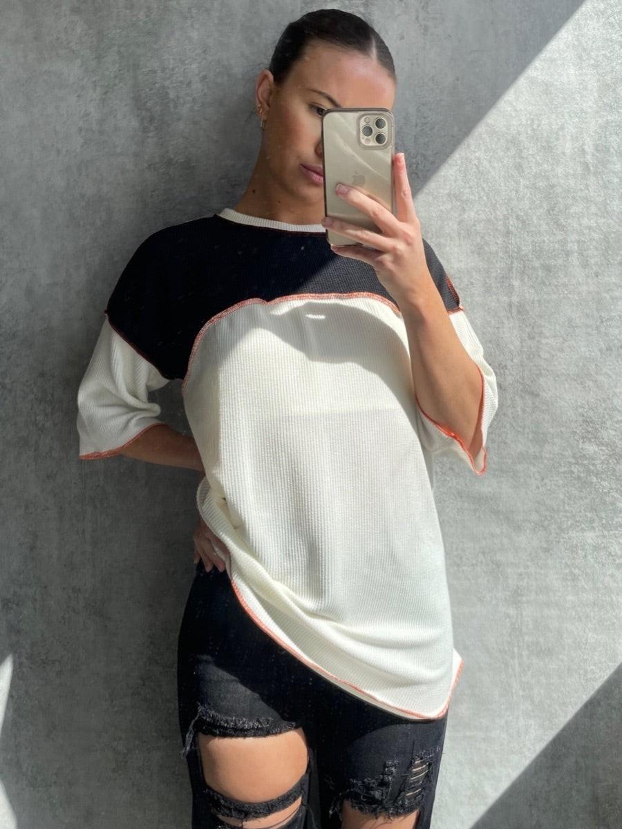 Women's Contrast Colour Block Top - Three-Quarter Sleeves, Crew Neck, Stitch Detail