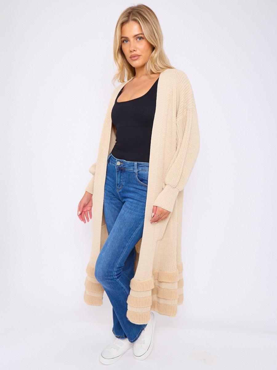 Women’s Knit Cardigan with Frill Hem & Puff Sleeves