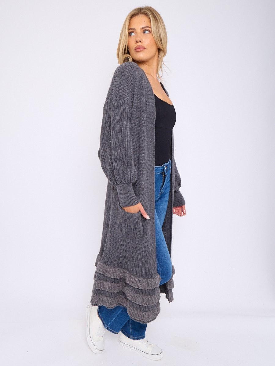 Women’s Knit Cardigan with Frill Hem & Puff Sleeves