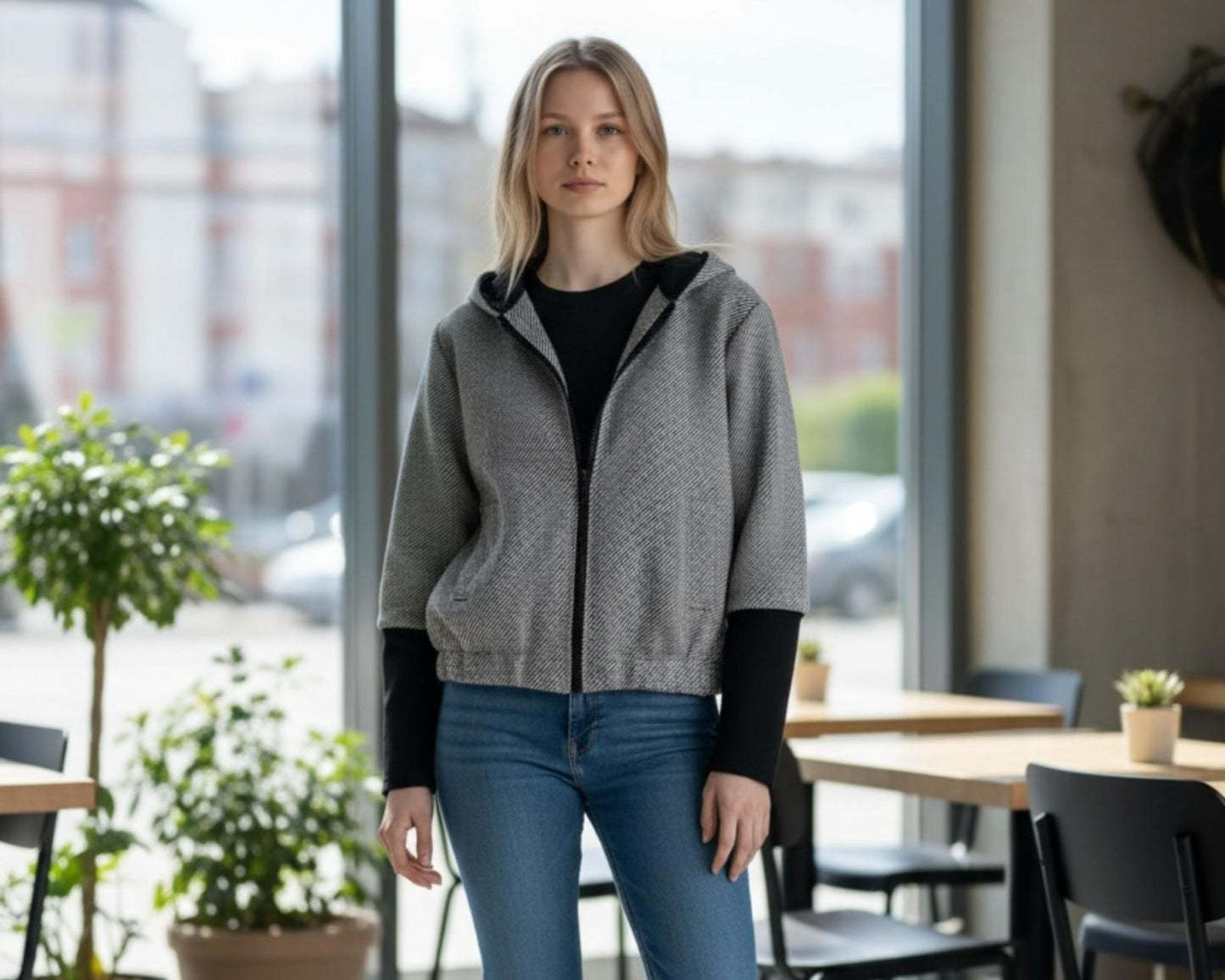 Modern Bomber Jacket with Long Contrasting Sleeves – Hooded Back, Zip Front | Made in Italy
