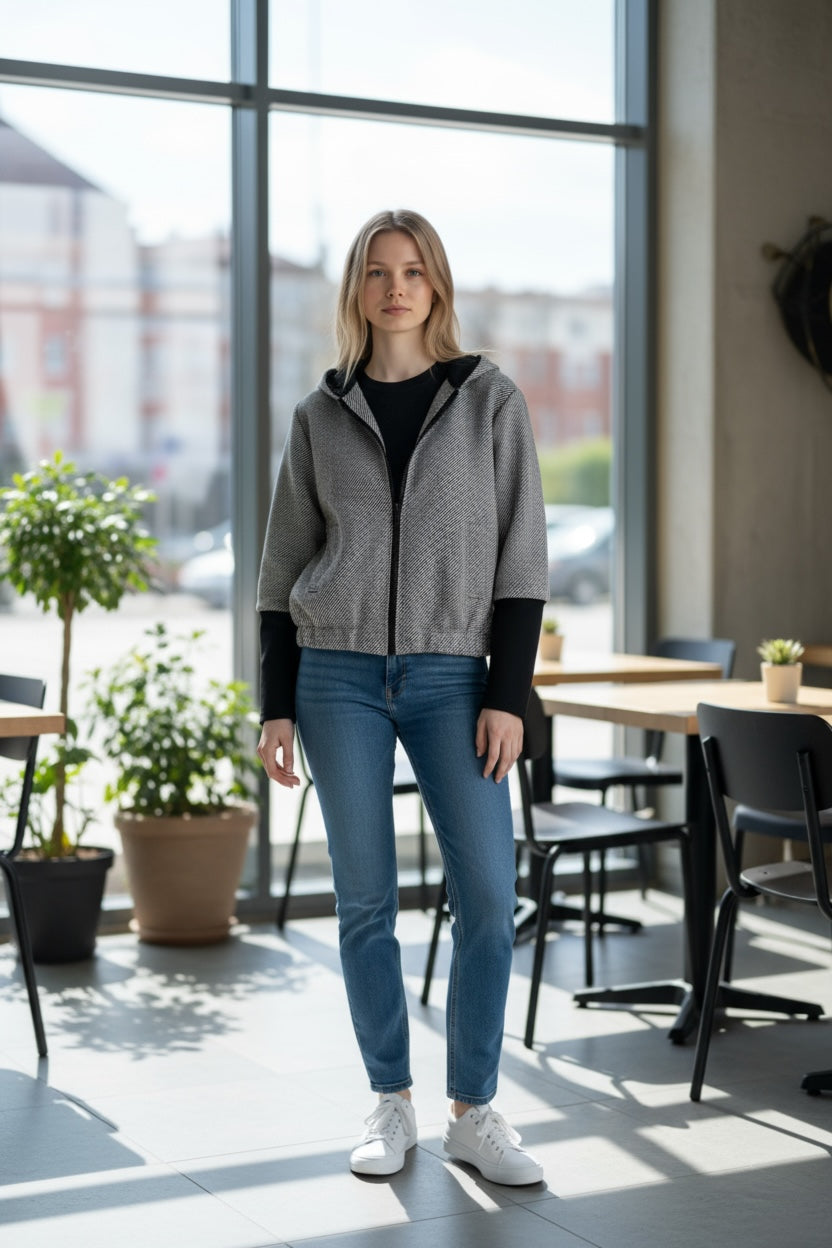 Modern Bomber Jacket with Long Contrasting Sleeves – Hooded Back, Zip Front | Made in Italy