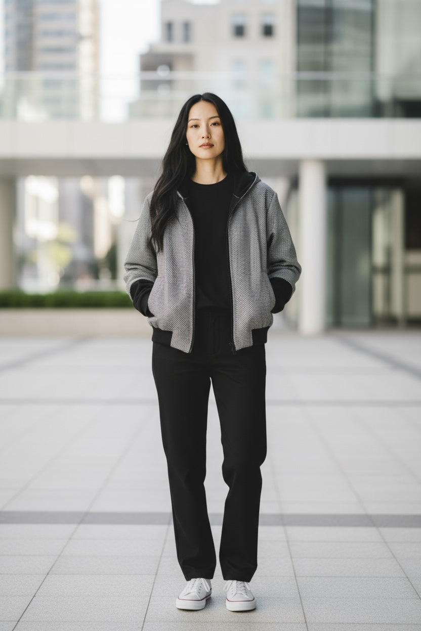 Modern Bomber Jacket with Long Contrasting Sleeves – Hooded Back, Zip Front | Made in Italy