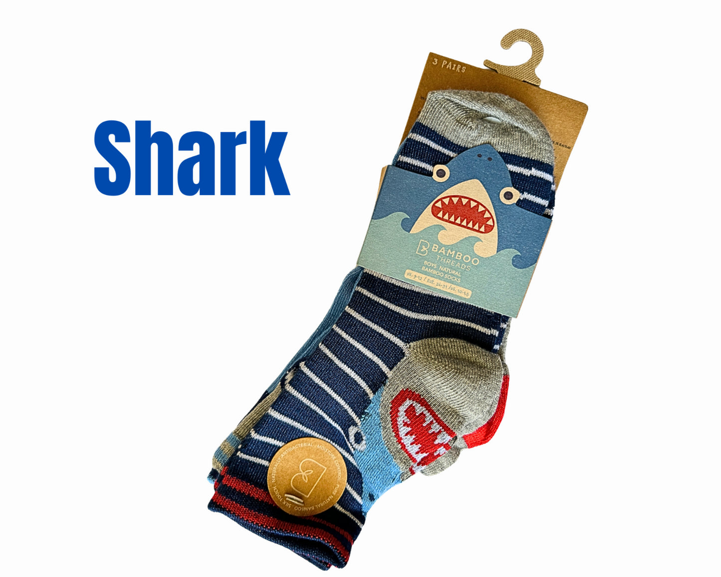 3 Pack Boys Bamboo Socks - Dino & Shark Design
