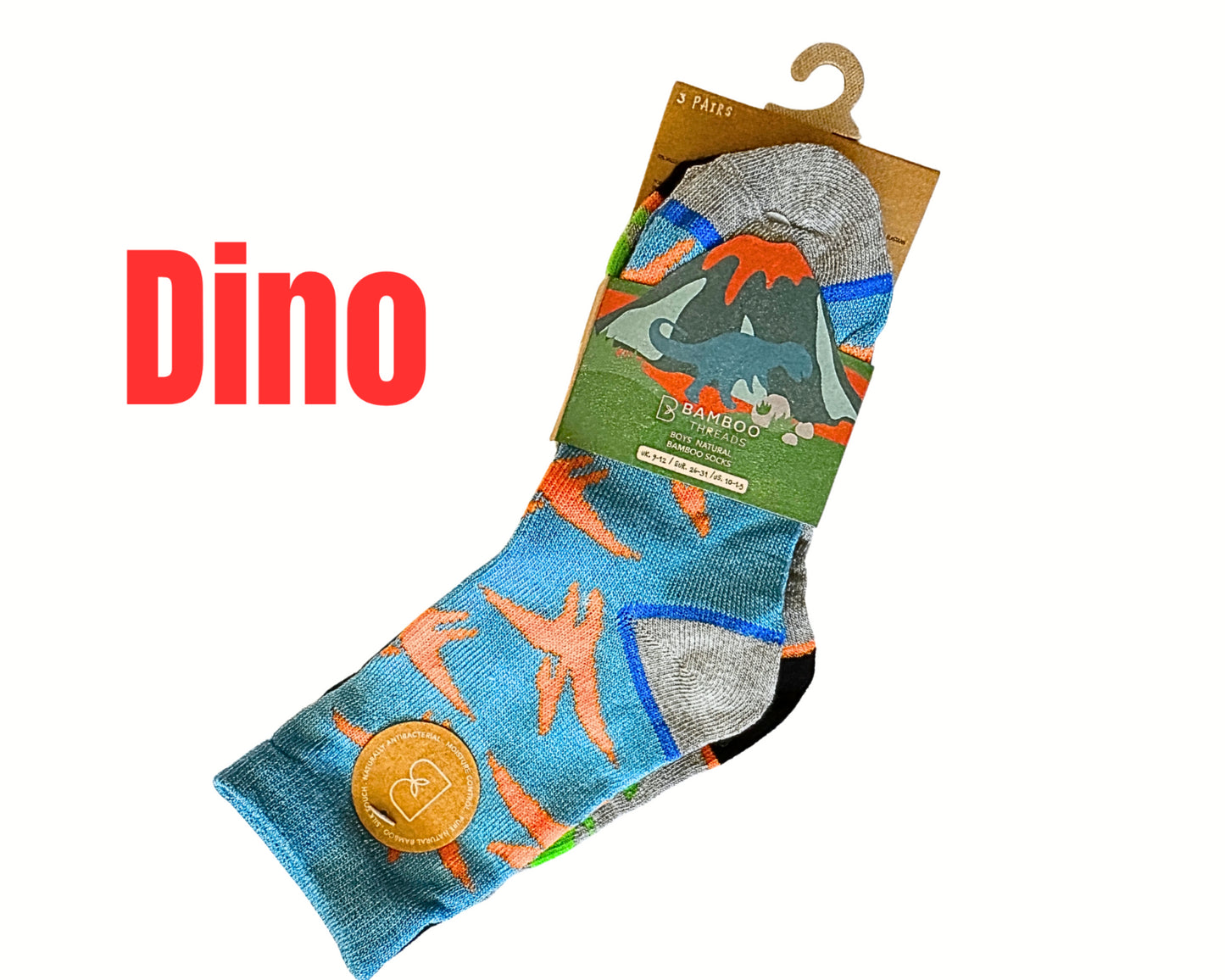 3 Pack Boys Bamboo Socks - Dino & Shark Design