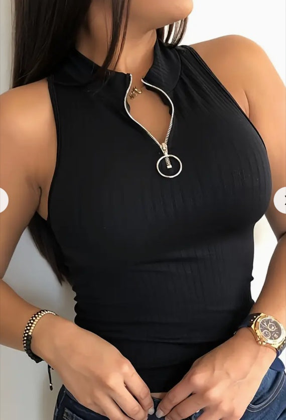 Women's Top Casual Sleeveless-Zip Up Tank Top