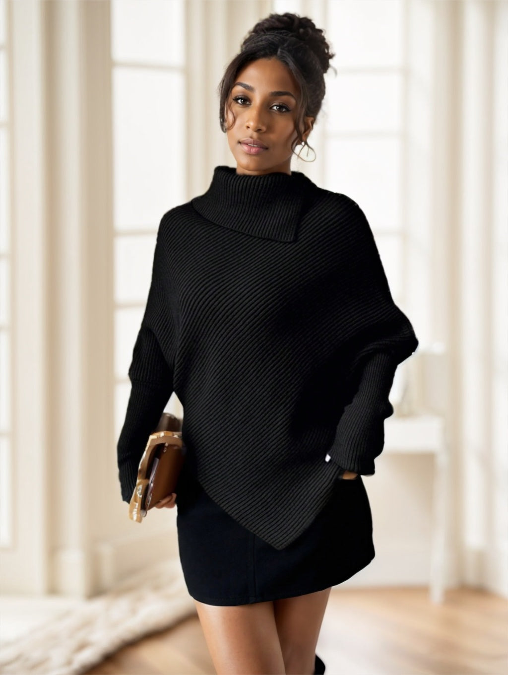 Womens Turtleneck Sweater-Black Asymmetrical Turtleneck Sweater – Elegant Knit Pullover