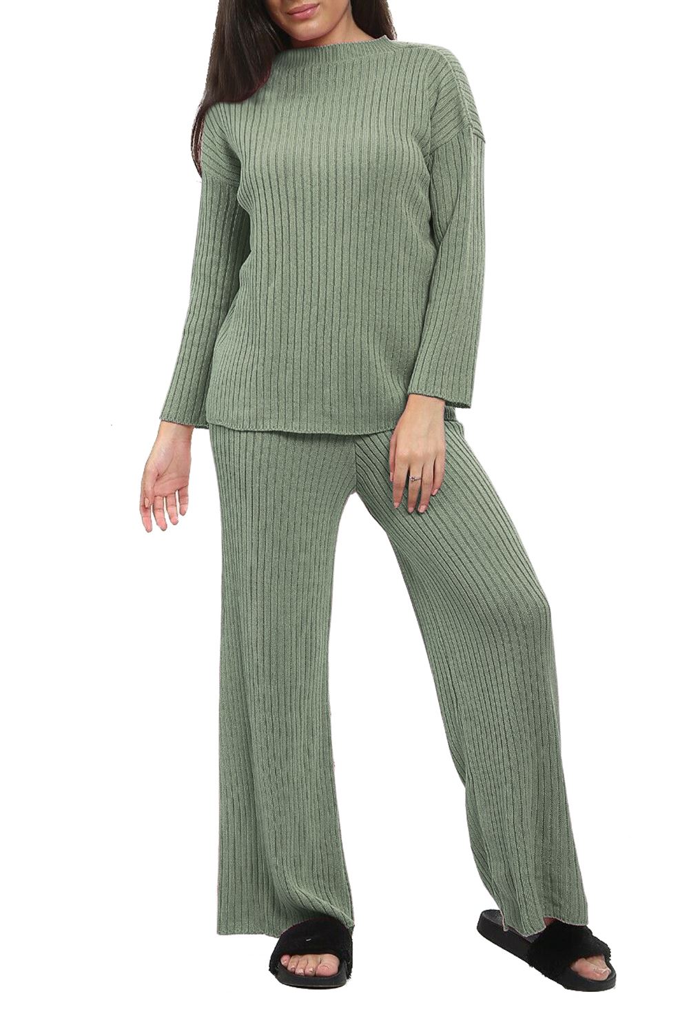 Ladies Chunky Knitted Loungewear Set with Ribbed Polo High Neck Top and Leggings