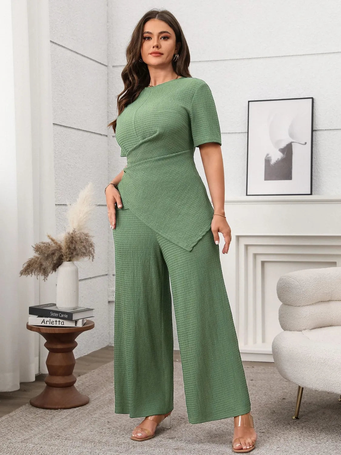 Women's Set Plus Size Asymmetrical Round Neck Short Sleeve Top and Pants Set