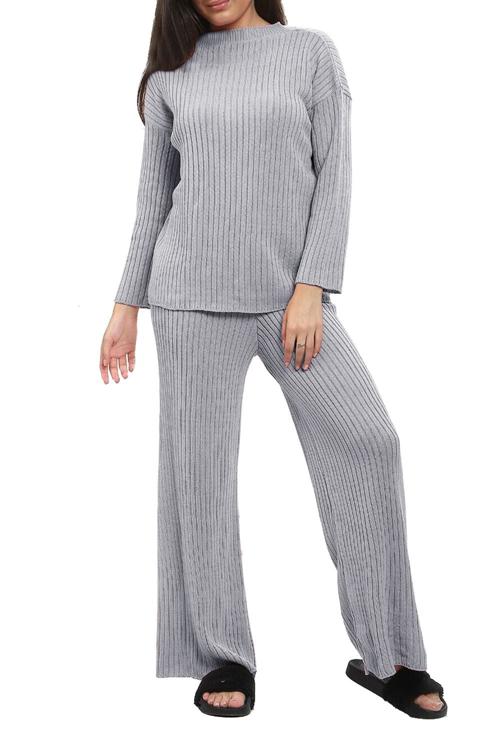 Ladies Chunky Knitted Loungewear Set with Ribbed Polo High Neck Top and Leggings