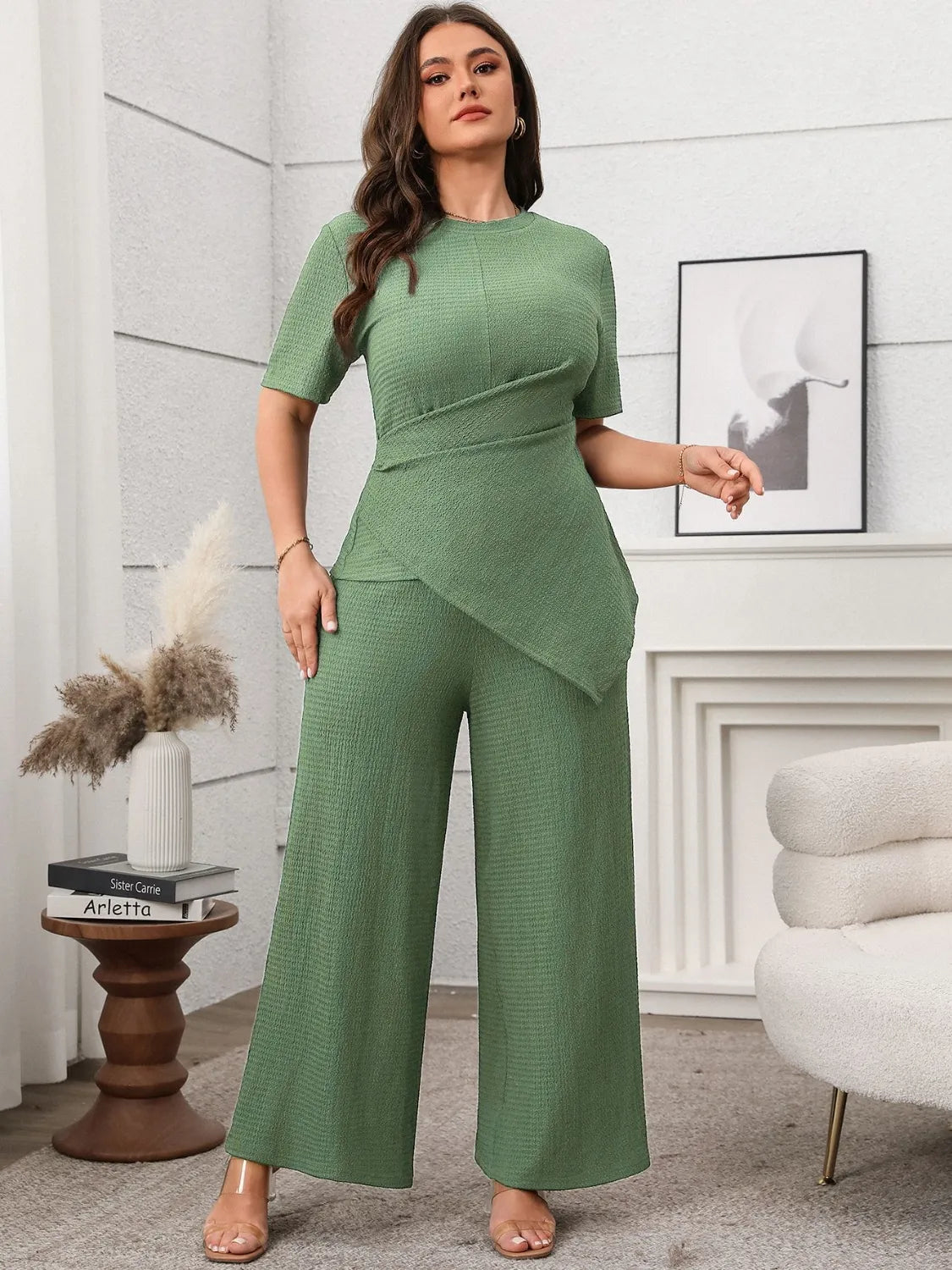 Women's Set Plus Size Asymmetrical Round Neck Short Sleeve Top and Pants Set