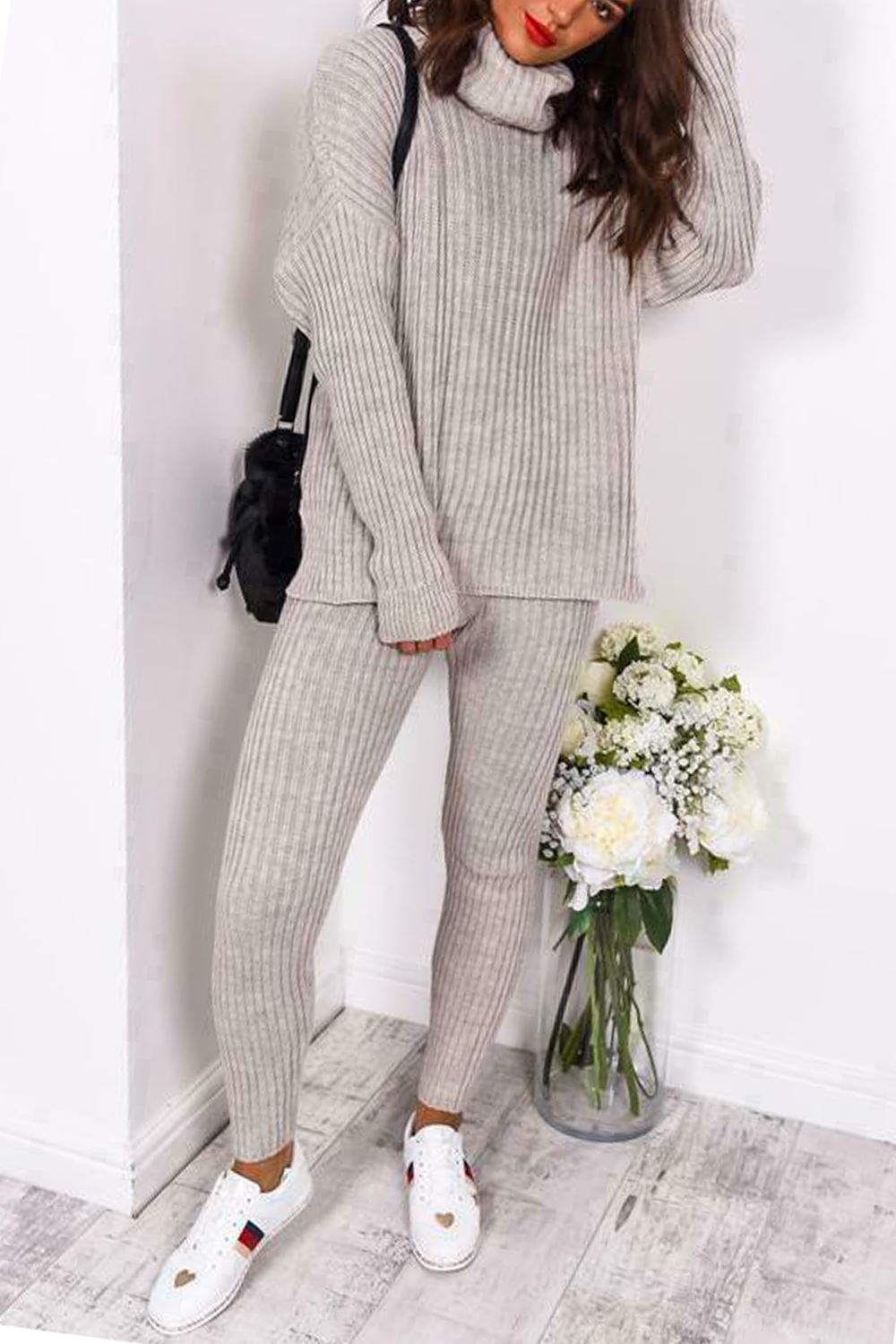 Ladies Chunky Knitted Loungewear Set with Ribbed Polo High Neck Top and Leggings