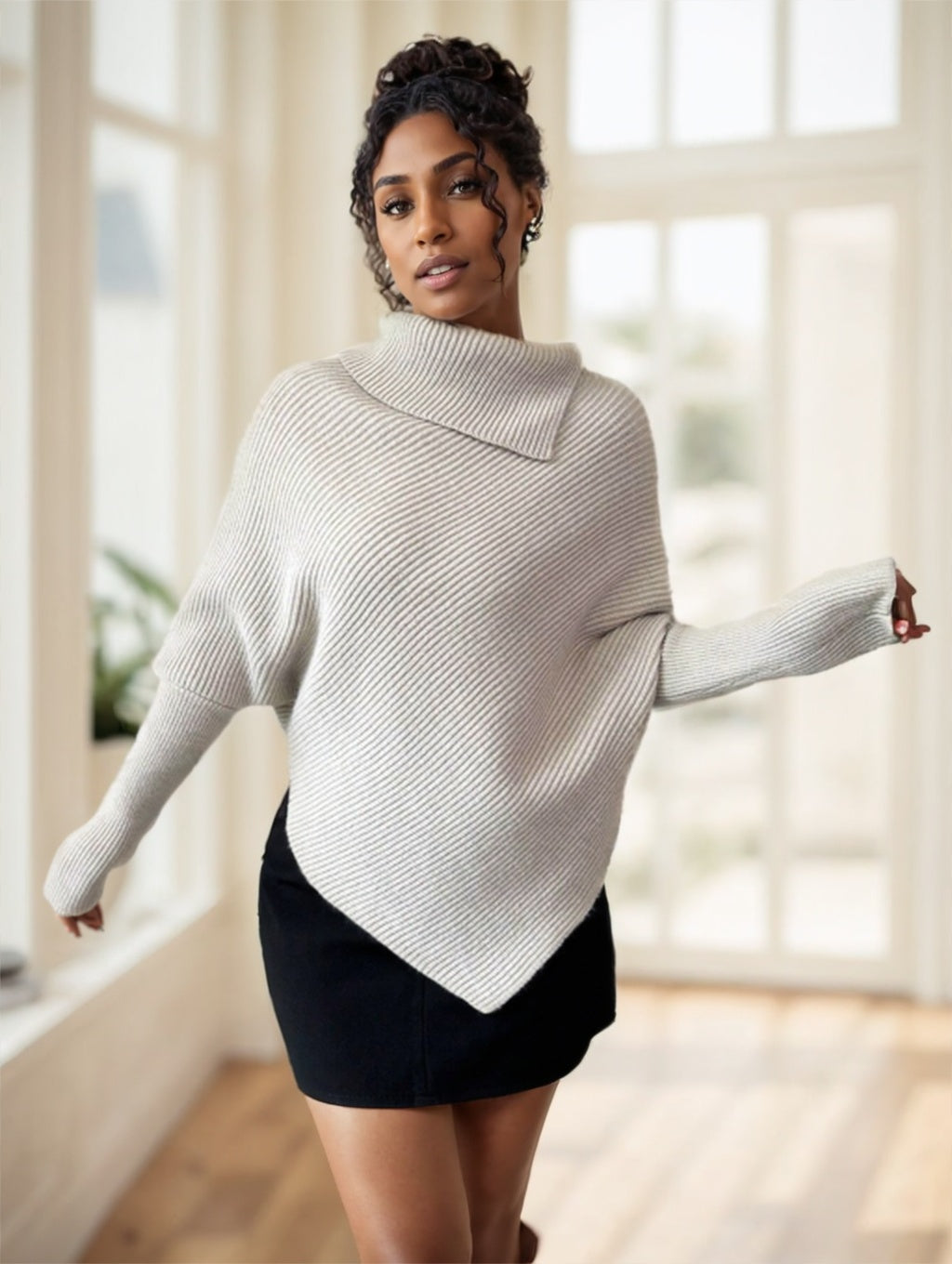 Womens Turtleneck Sweater-Black Asymmetrical Turtleneck Sweater – Elegant Knit Pullover