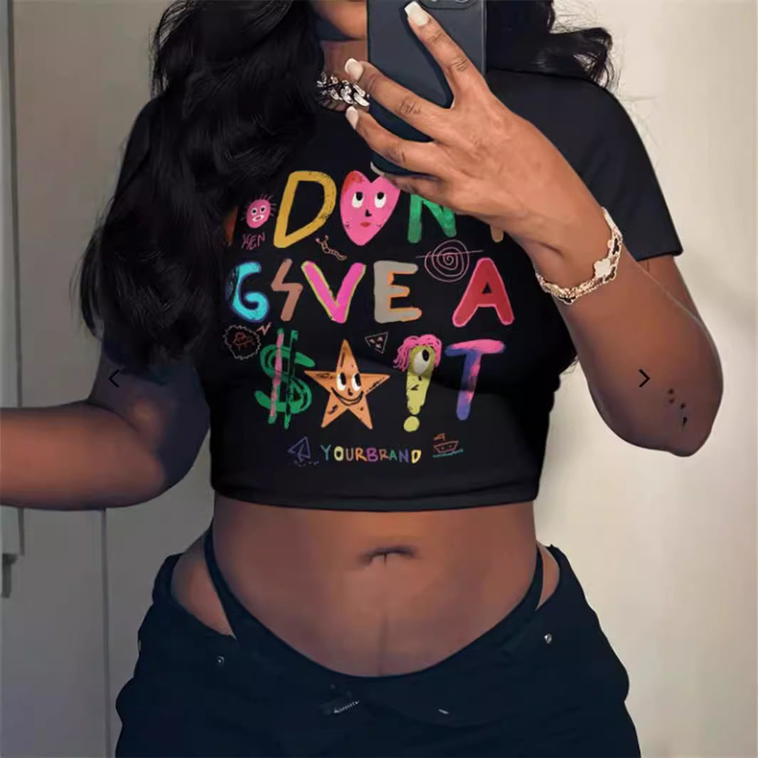 Women's T-Shirt All-match Letters Printed Solid Color Short Sleeve
