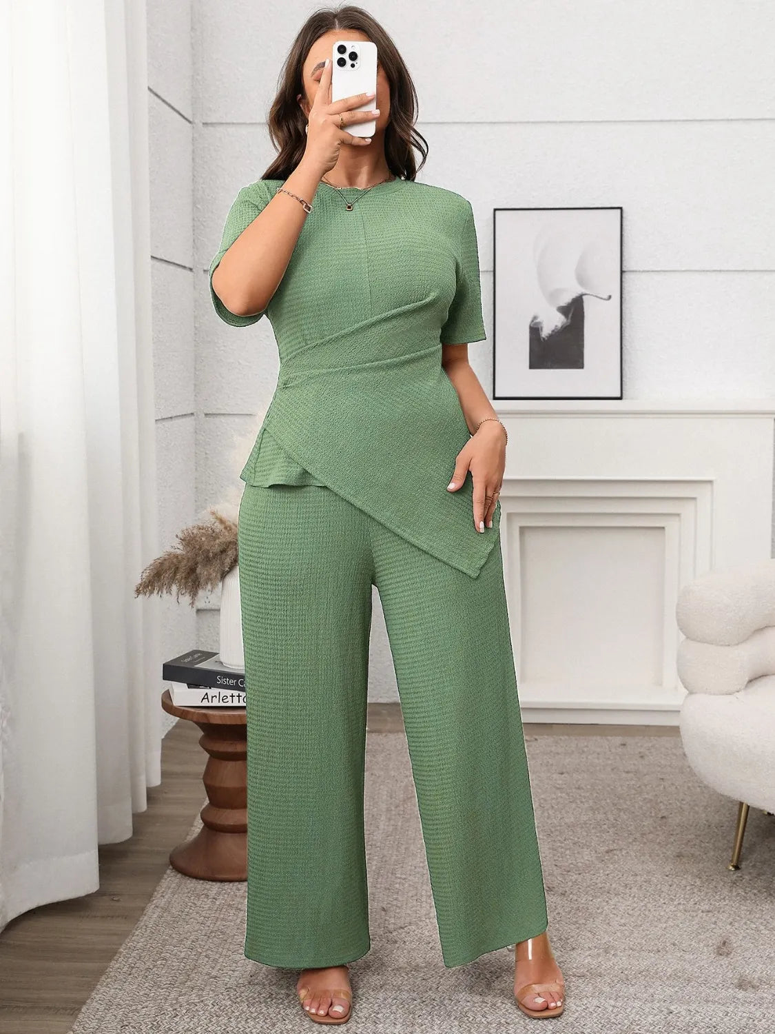 Women's Set Plus Size Asymmetrical Round Neck Short Sleeve Top and Pants Set