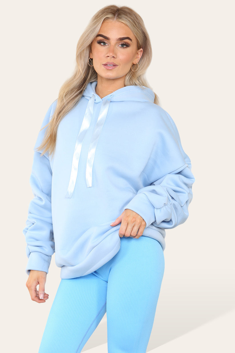 Plus Size Hoodie and Legging Set with Ruched Sleeves and Satin Ribbon, High Waist High Rise Seamless Ribbed Design