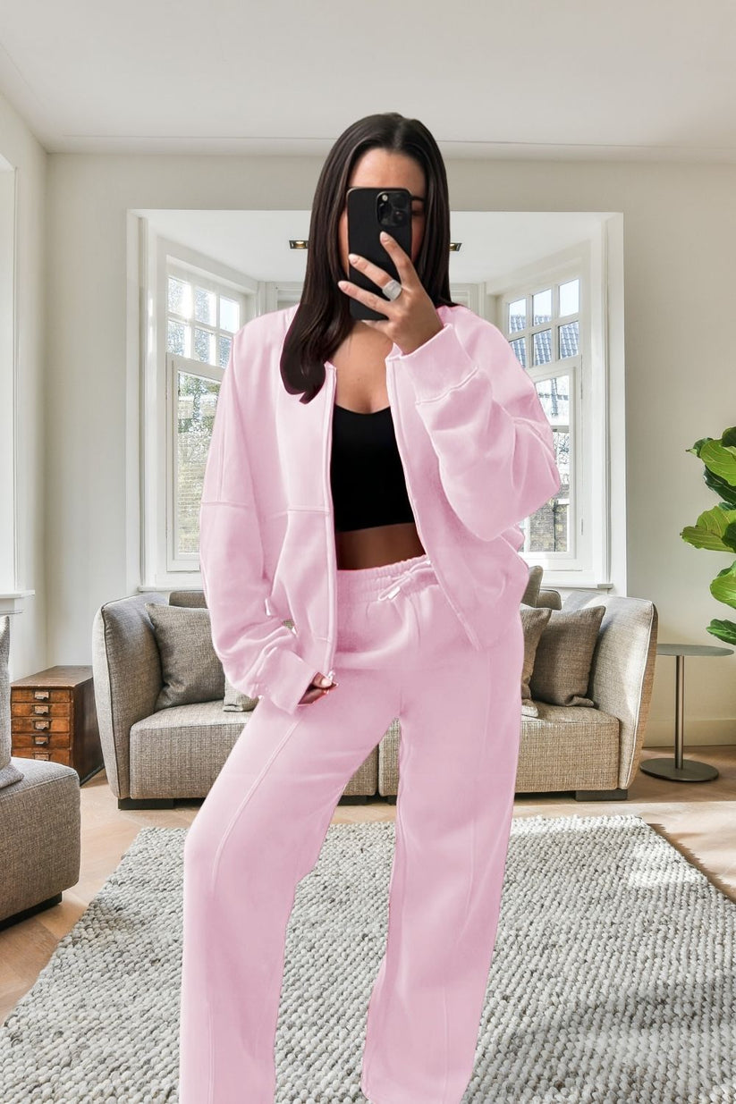 Oversized Fleece Tracksuit with Bomber Style Zipper and Wide Leg Design