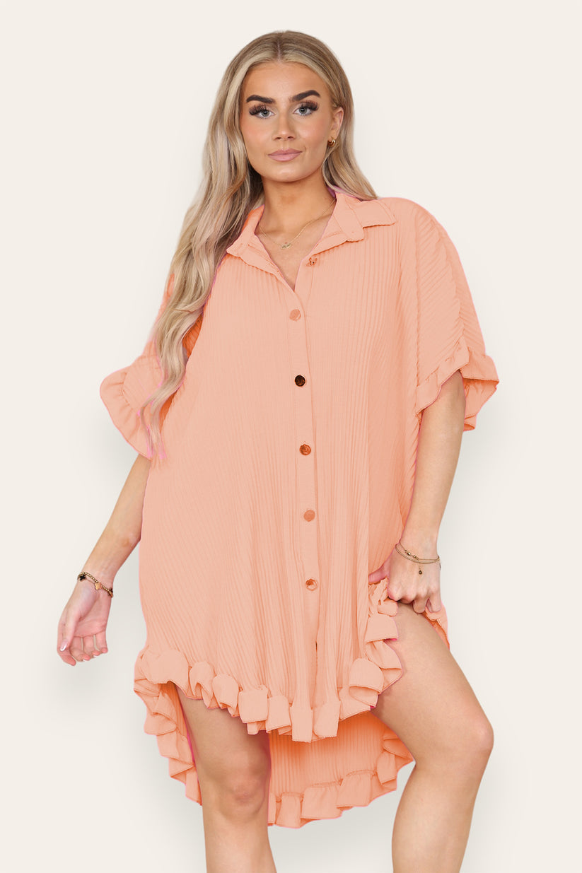Women's Shirt Dress Oversized Italian Dress With Pleated Frill Ruffle Top