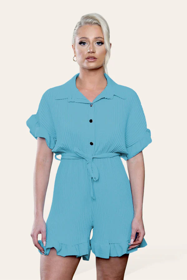 Pleated Ruffle Playsuit with Frill Hems - Short Playsuit for Chic Style