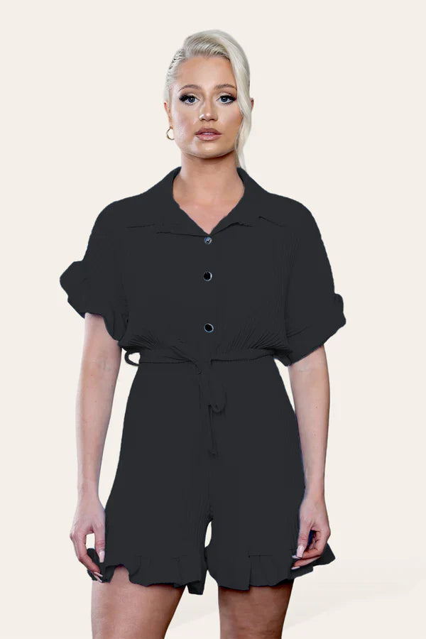 Pleated Ruffle Playsuit with Frill Hems - Short Playsuit for Chic Style