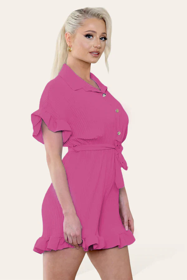 Pleated Ruffle Playsuit with Frill Hems - Short Playsuit for Chic Style
