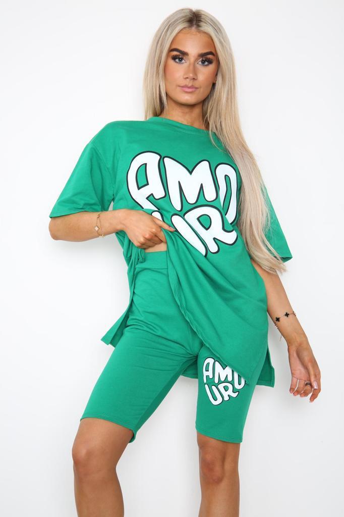 Women's Amour T-Shirt & Side Slit Cycling Shorts Co-Ord Two Piece Set with Front Amour Slogan