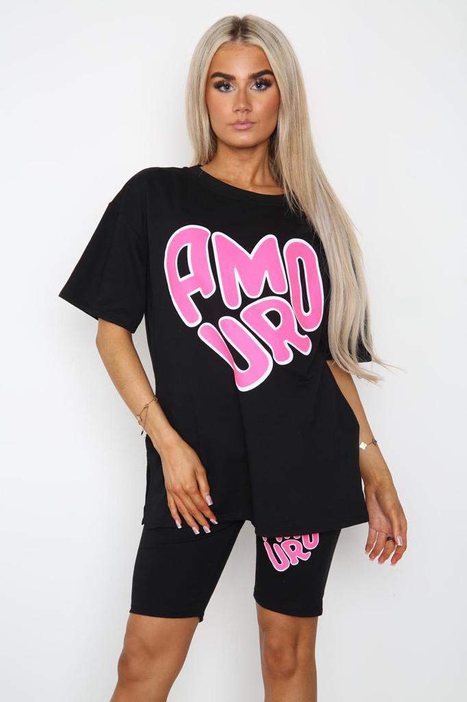 Women's Amour T-Shirt & Side Slit Cycling Shorts Co-Ord Two Piece Set with Front Amour Slogan