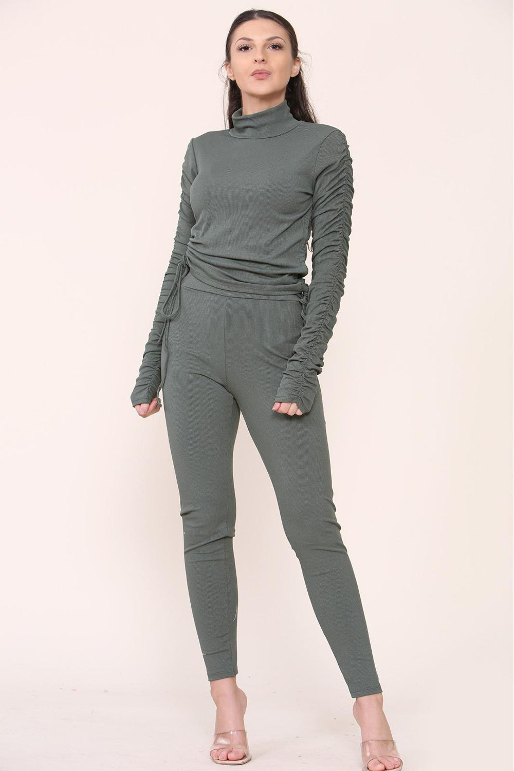Women's High Neck Ribbed Tee Leggings Set with Ruched Side and Adjustable Drawstrings