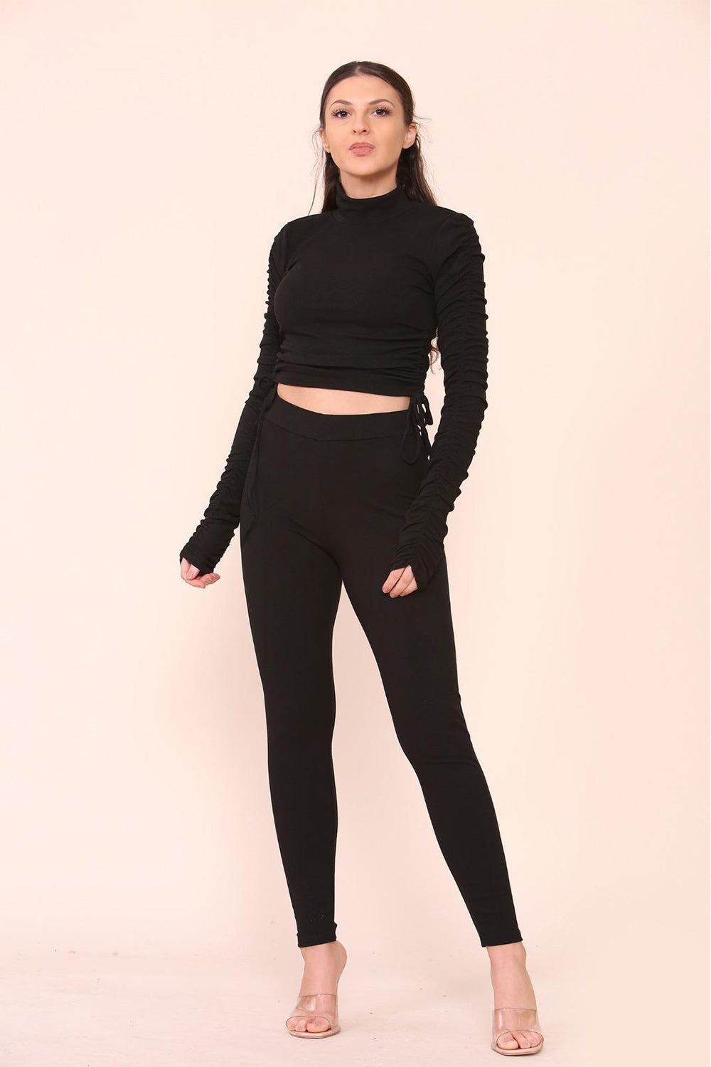 Women's High Neck Ribbed Tee Leggings Set with Ruched Side and Adjustable Drawstrings