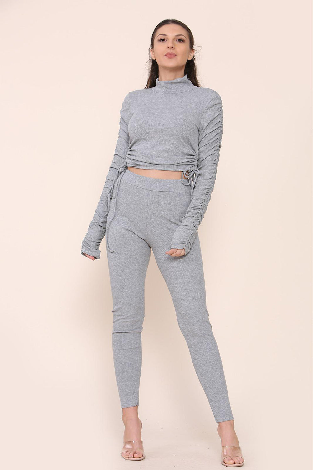 Women's High Neck Ribbed Tee Leggings Set with Ruched Side and Adjustable Drawstrings