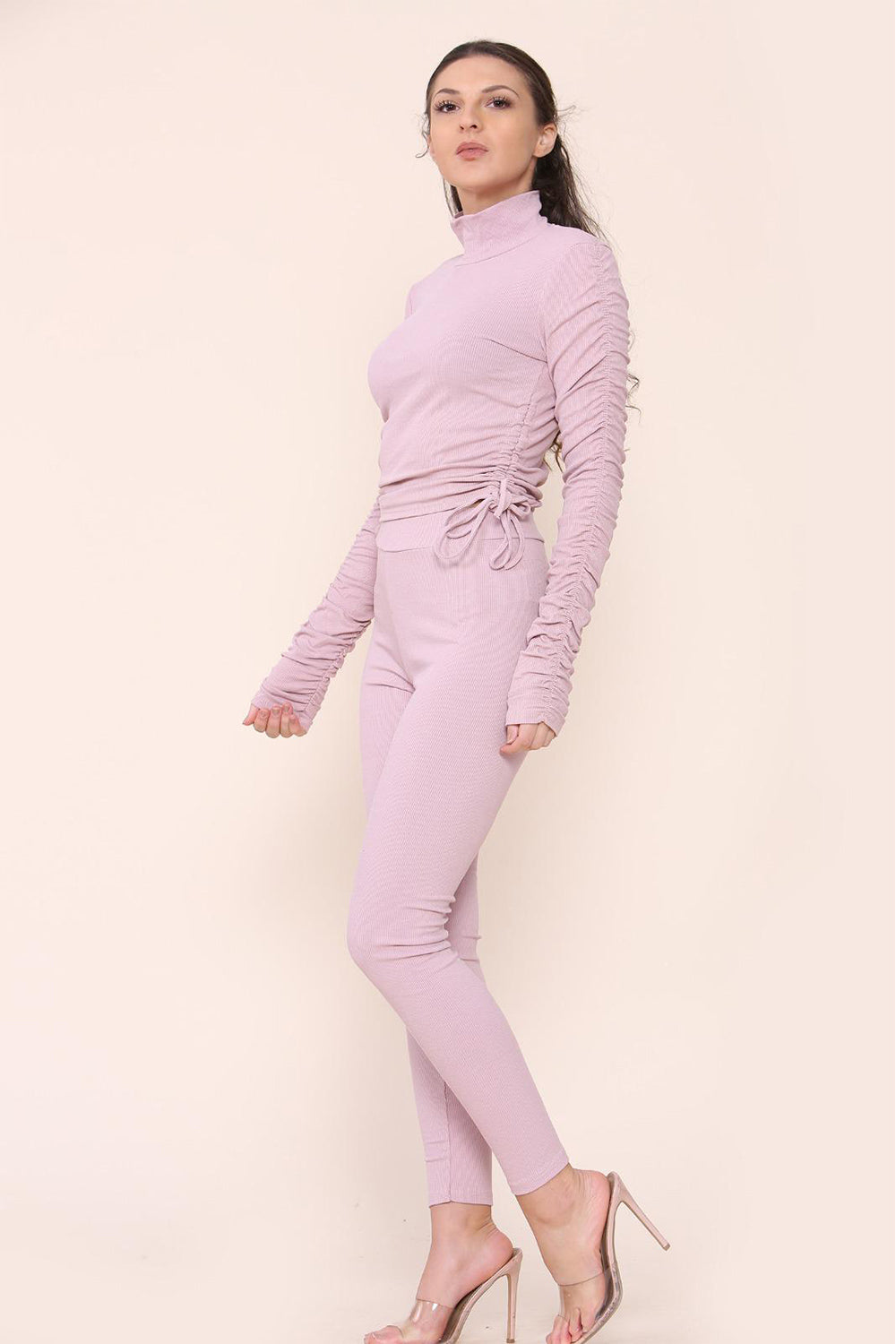 Women's High Neck Ribbed Tee Leggings Set with Ruched Side and Adjustable Drawstrings