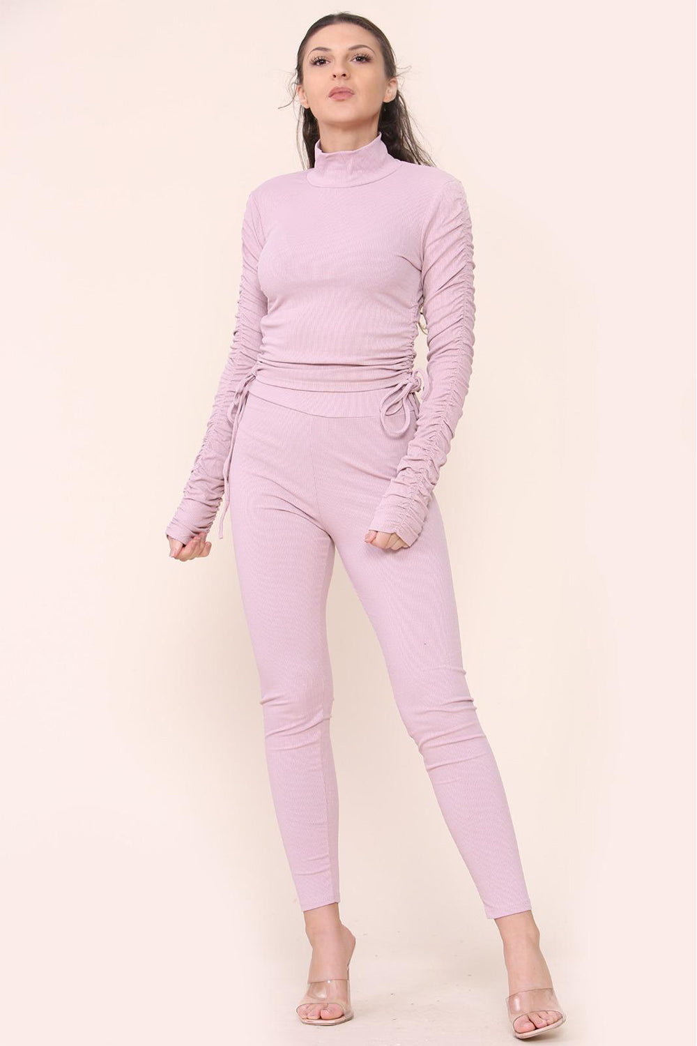 Women's High Neck Ribbed Tee Leggings Set with Ruched Side and Adjustable Drawstrings