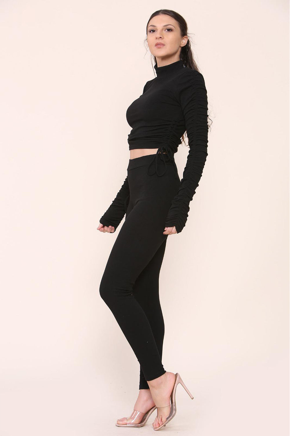 Women's High Neck Ribbed Tee Leggings Set with Ruched Side and Adjustable Drawstrings