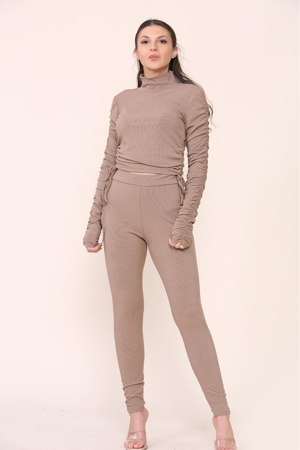 Women's High Neck Ribbed Tee Leggings Set with Ruched Side and Adjustable Drawstrings