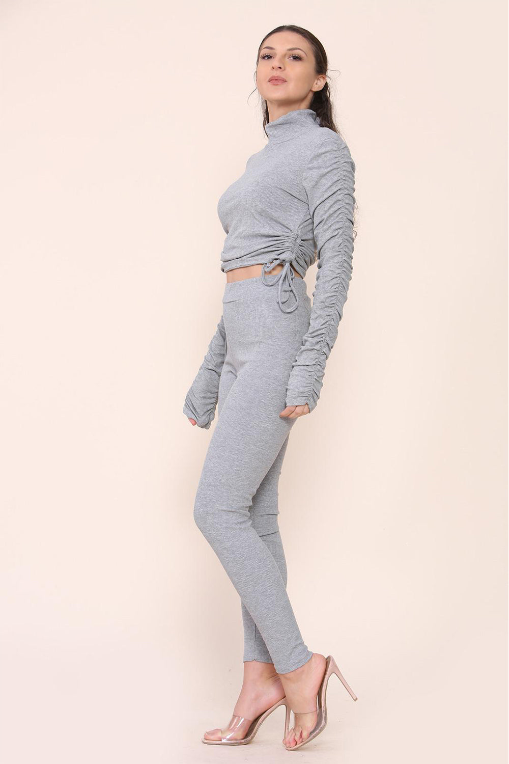 Women's High Neck Ribbed Tee Leggings Set with Ruched Side and Adjustable Drawstrings