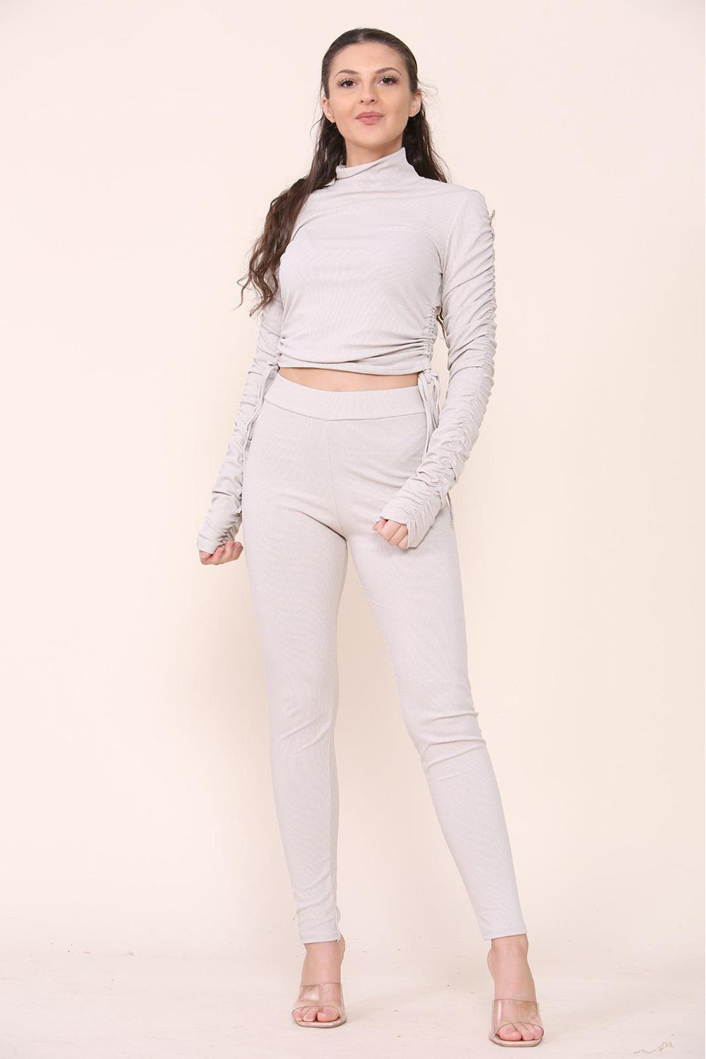 Women's High Neck Ribbed Tee Leggings Set with Ruched Side and Adjustable Drawstrings
