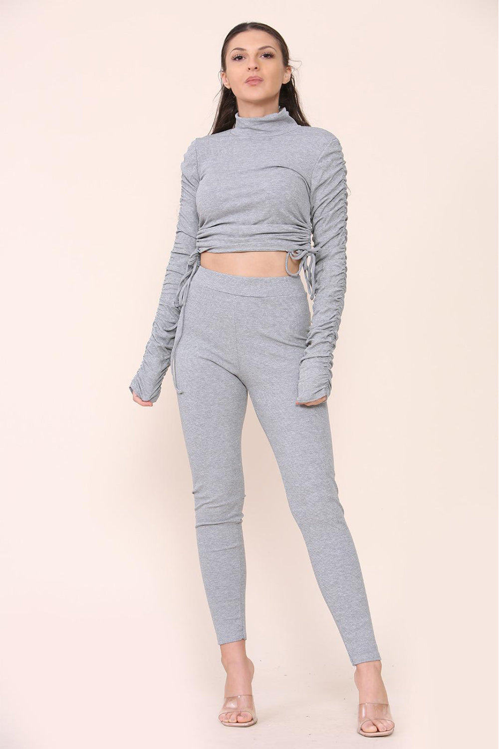Women's High Neck Ribbed Tee Leggings Set with Ruched Side and Adjustable Drawstrings