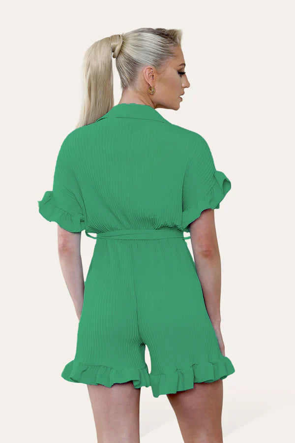 Pleated Ruffle Playsuit with Frill Hems - Short Playsuit for Chic Style