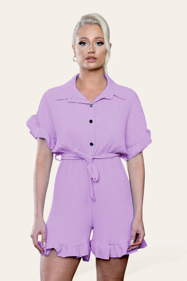 Pleated Ruffle Playsuit with Frill Hems - Short Playsuit for Chic Style