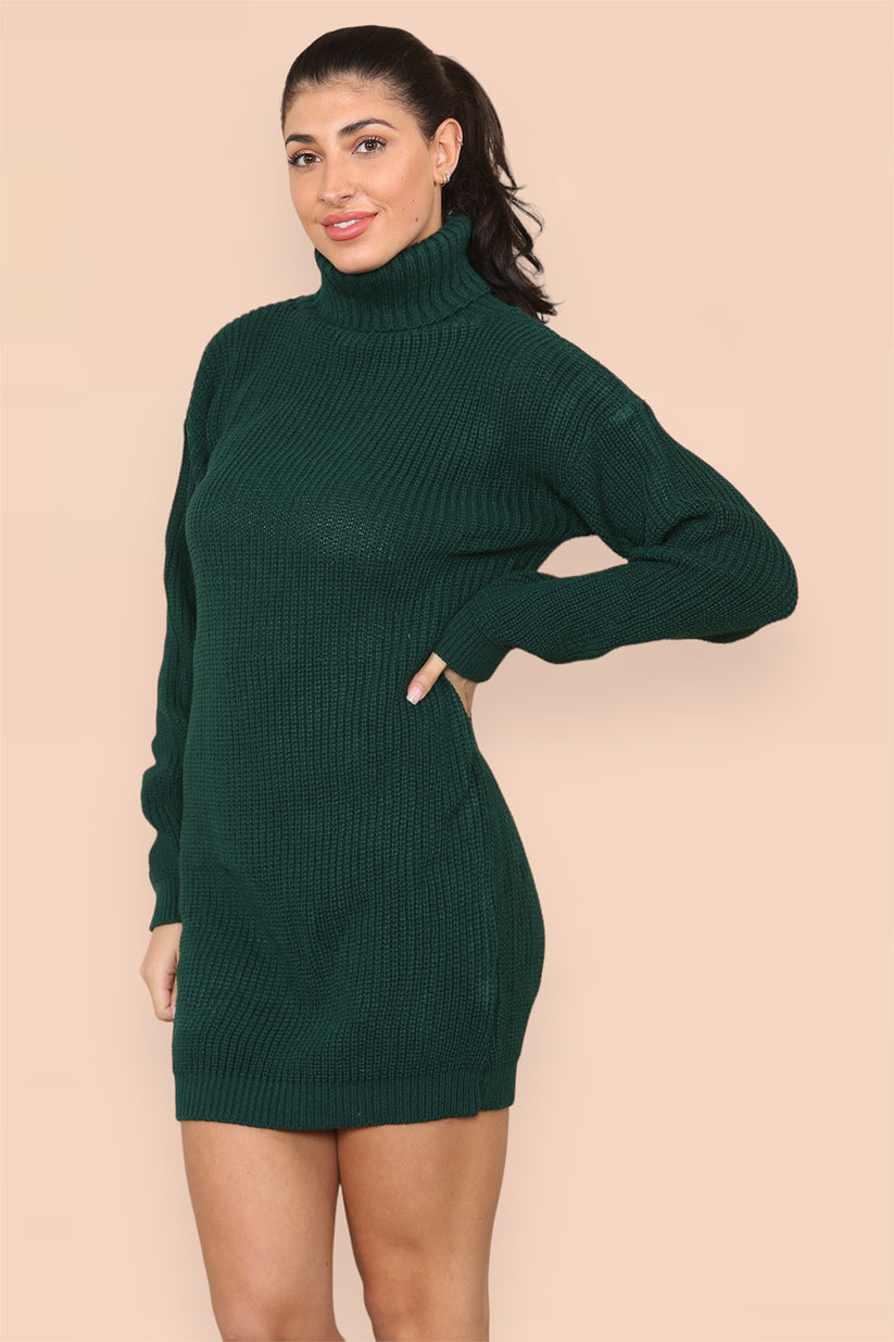 Women's Jumper Dress - Polo Roll Neck Oversized Ribbed Knitted Chunky Sweater Dress in Florescent