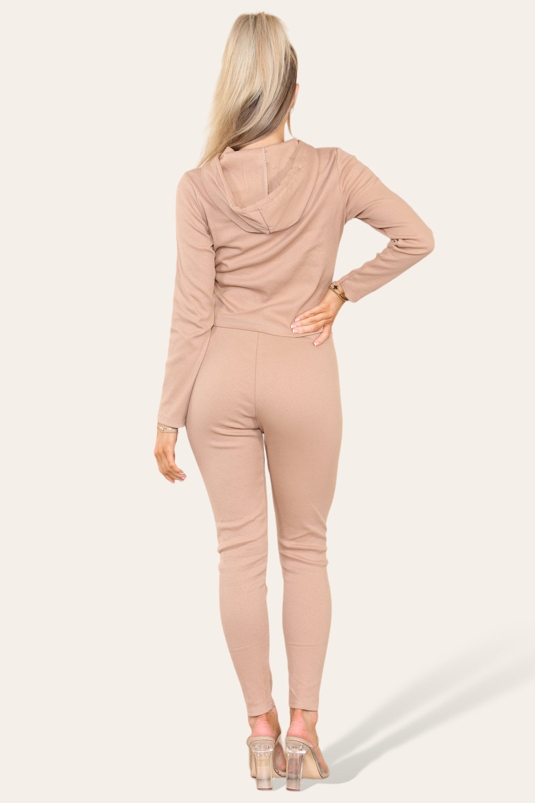 Women's Hoodie Front Pocket Zip Lounge Wear Set with Ribbed Hooded Design