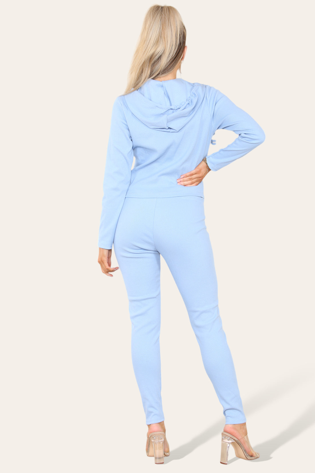 Women's Hoodie Front Pocket Zip Lounge Wear Set with Ribbed Hooded Design