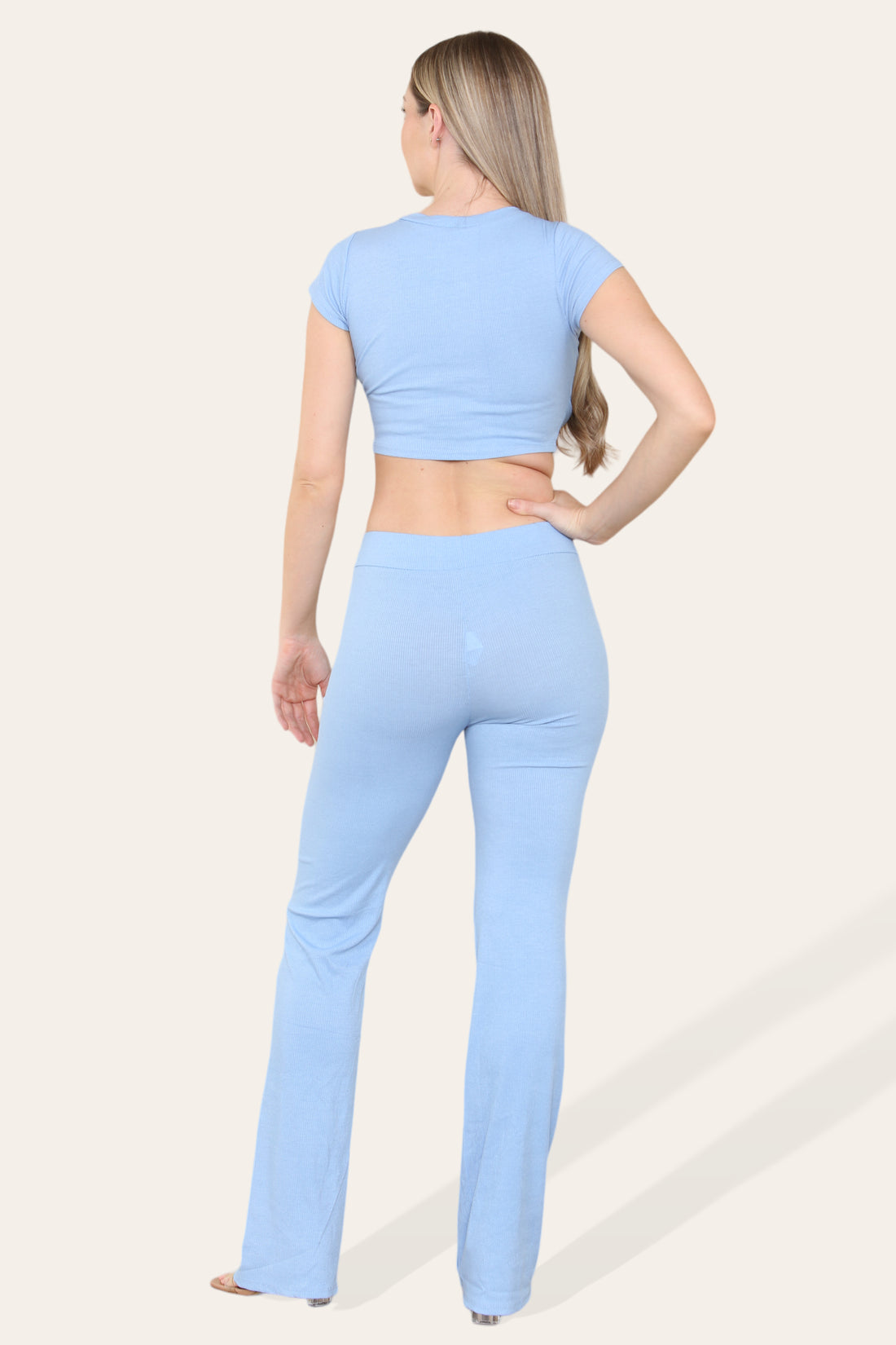 Women's Cropped Loungewear Set Tie Belt Front With Ribbed Trousers