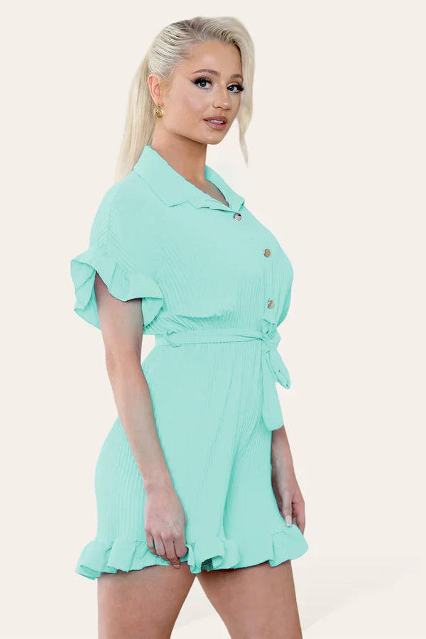 Pleated Ruffle Playsuit with Frill Hems - Short Playsuit for Chic Style
