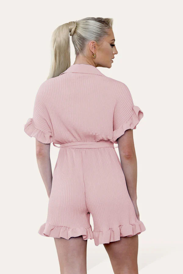 Pleated Ruffle Playsuit with Frill Hems - Short Playsuit for Chic Style
