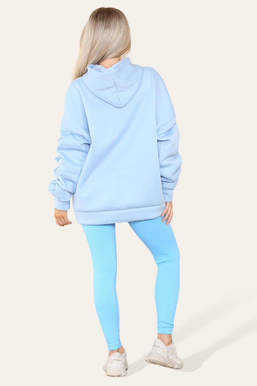 Plus Size Hoodie and Legging Set with Ruched Sleeves and Satin Ribbon, High Waist High Rise Seamless Ribbed Design