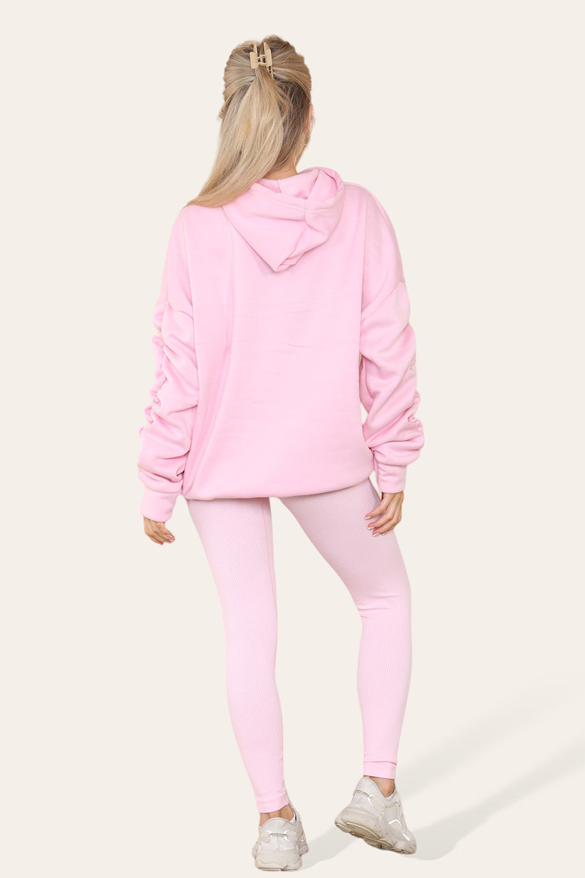 Plus Size Hoodie and Legging Set with Ruched Sleeves and Satin Ribbon, High Waist High Rise Seamless Ribbed Design