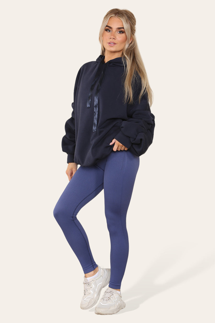Plus Size Hoodie and Legging Set with Ruched Sleeves and Satin Ribbon, High Waist High Rise Seamless Ribbed Design