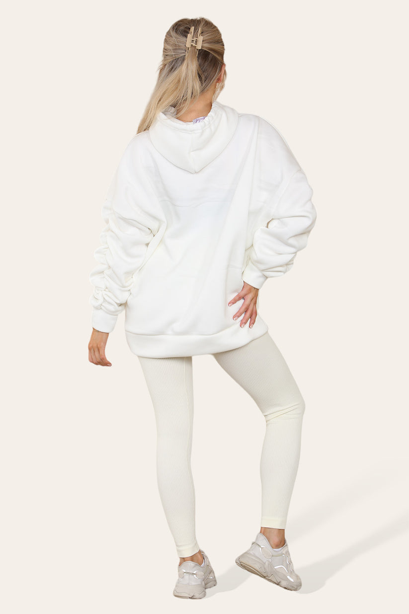 Plus Size Hoodie and Legging Set with Ruched Sleeves and Satin Ribbon, High Waist High Rise Seamless Ribbed Design